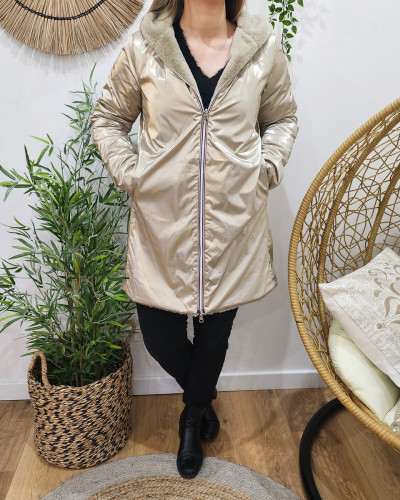 Parka femme dorée réversible fausse fourrure taupe Armanda