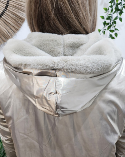 Parka femme dorée réversible fausse fourrure taupe Armanda