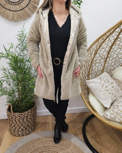Parka femme dorée réversible fausse fourrure taupe Armanda