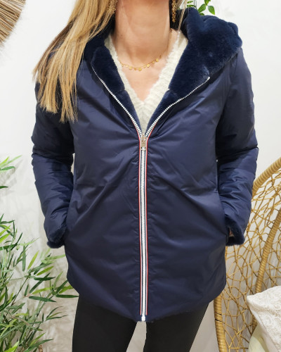 Parka femme réversible bleu marine fausse fourrure Zola