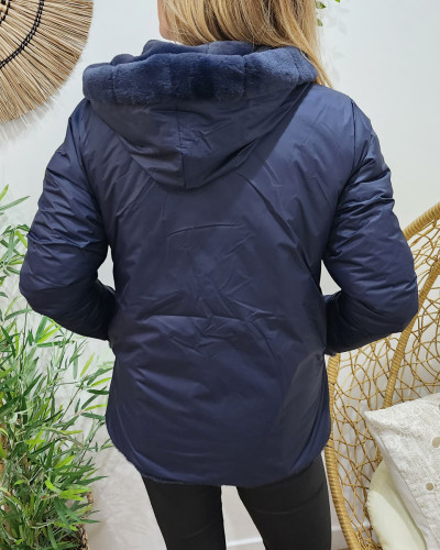 Parka femme réversible bleu marine fausse fourrure Zola