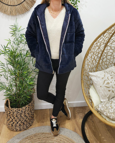 Parka femme réversible bleu marine fausse fourrure Zola