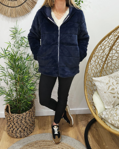 Parka femme réversible bleu marine fausse fourrure Zola