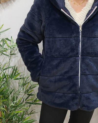 Parka femme réversible bleu marine fausse fourrure Zola