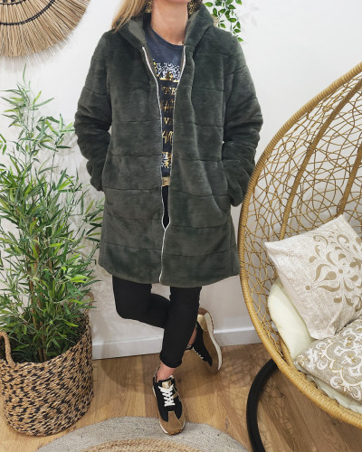 Parka femme longue reversible kaki fausse fourrure kaki 24987