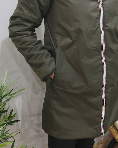 Parka femme longue réversible kaki fausse fourrure kaki