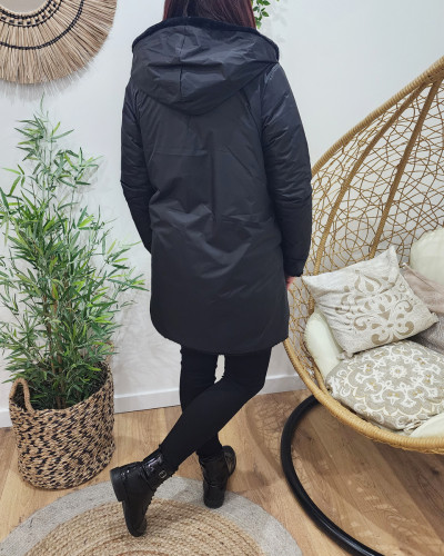 Parka femme longue réversible noire fausse fourrure noire
