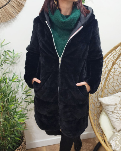 Parka femme longue réversible noire fausse fourrure noire