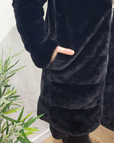 Parka femme longue réversible noire fausse fourrure noire
