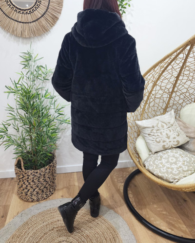 Parka femme longue reversible noire fausse fourrure noire 24992