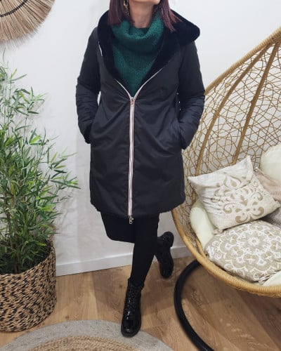 Parka femme longue réversible noire fausse fourrure noire