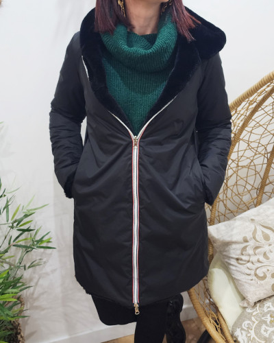 Parka femme longue réversible noire fausse fourrure noire