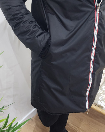 Parka femme longue réversible noire fausse fourrure noire
