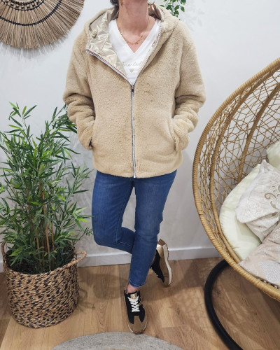 Parka femme dorée réversible fausse fourrure beige Sora