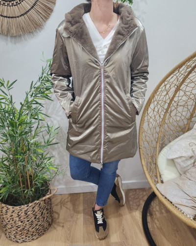 Parka femme bronze réversible fausse fourrure taupe Armanda