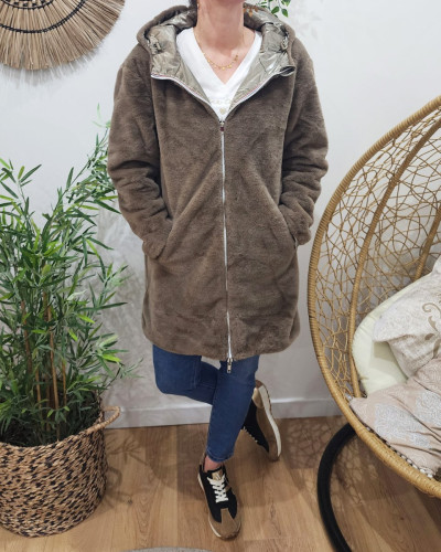 Parka femme bronze réversible fausse fourrure taupe Armanda