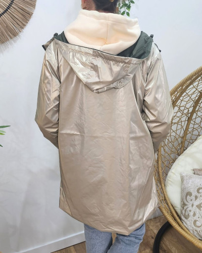 Parka fine femme longue réversible kaki foncé et dorée Lydia