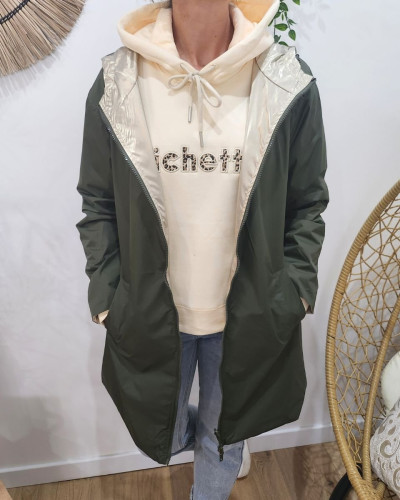 Parka fine femme longue réversible kaki foncé et dorée Lydia