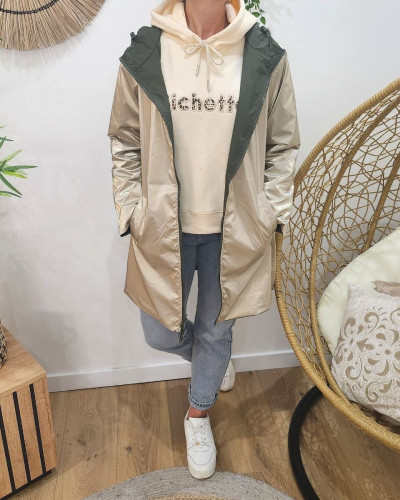 Parka fine femme longue réversible kaki foncé et dorée Lydia