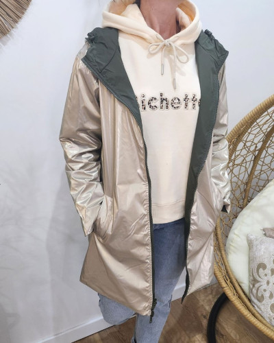Parka fine femme longue réversible kaki foncé et dorée Lydia