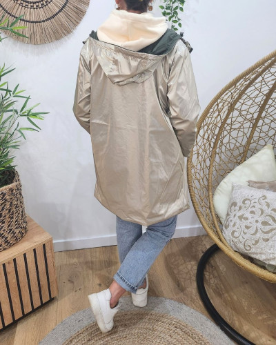 Parka fine femme longue réversible kaki foncé et dorée Lydia