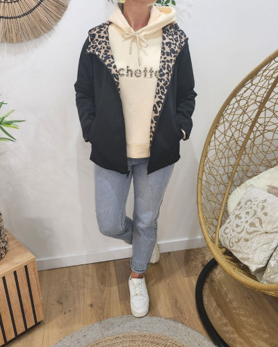 Parka fine femme courte réversible noire et beige Léopard 