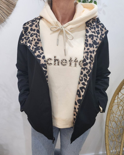 Parka fine femme courte réversible noire et beige Léopard 