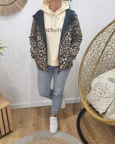 Parka fine femme courte réversible noire et beige Léopard 