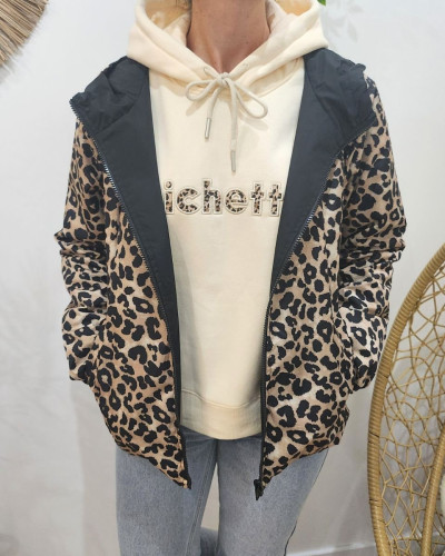 Parka fine femme courte réversible noire et beige Léopard 