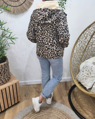Parka fine femme courte réversible noire et beige Léopard 