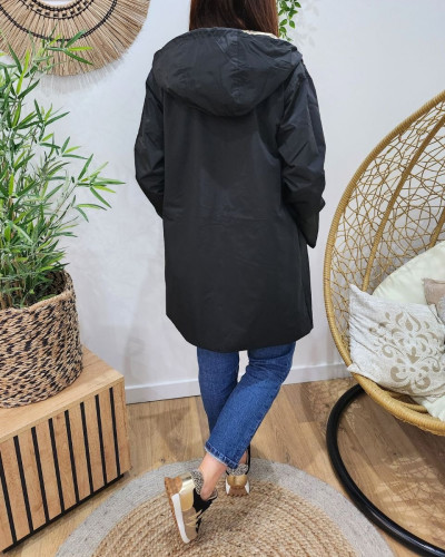 Parka fine femme longue réversible noire et léopard bronze
