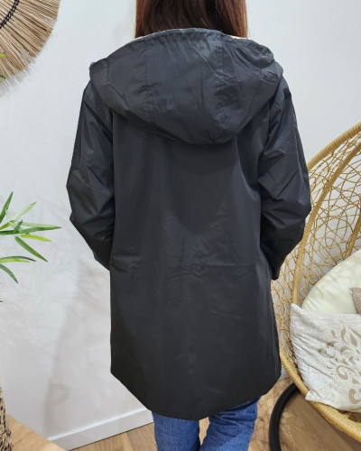 Parka fine femme longue réversible noire et léopard bronze