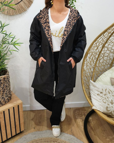 Parka fine femme longue réversible noire et léopard camel