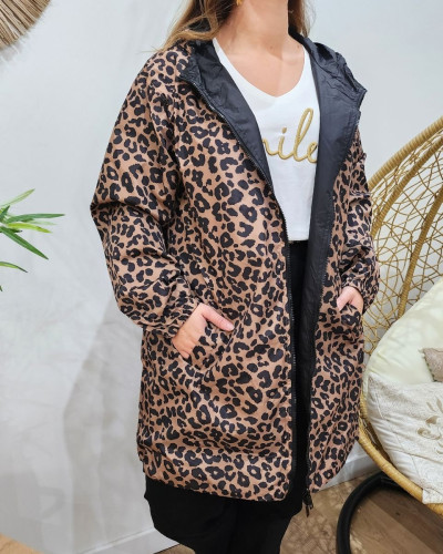 Parka fine femme longue réversible noire et léopard camel