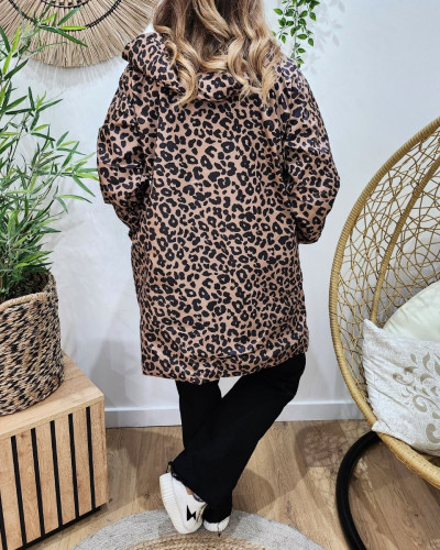 Parka fine femme longue reversible noire et leopard camel 28561