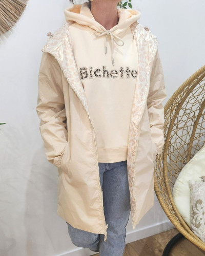 Parka fine femme longue réversible beige et léopard or