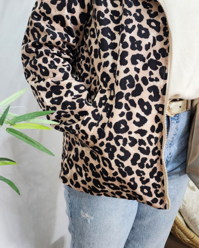 Parka fine femme courte réversible dorée et Léopard noir et beige 