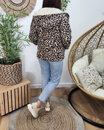 Parka fine femme courte réversible dorée et Léopard noir et beige 