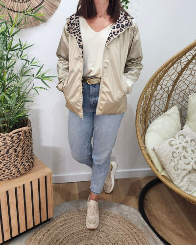 Parka fine femme courte réversible dorée et Léopard noir et beige 