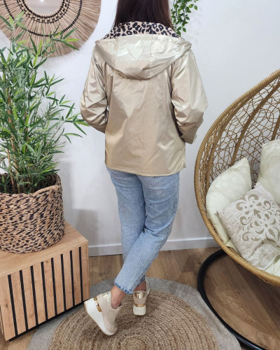 Parka fine femme courte réversible dorée et Léopard noir et beige 