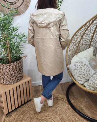 Parka fine femme longue réversible or et beige Léopard