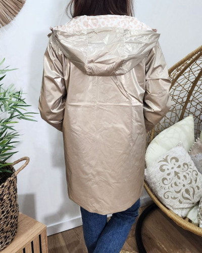 Parka fine femme longue réversible or et beige Léopard
