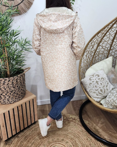 Parka fine femme longue réversible or et beige Léopard