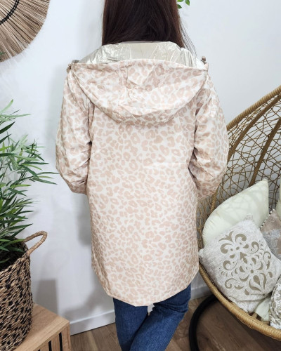 Parka fine femme longue réversible or et beige Léopard