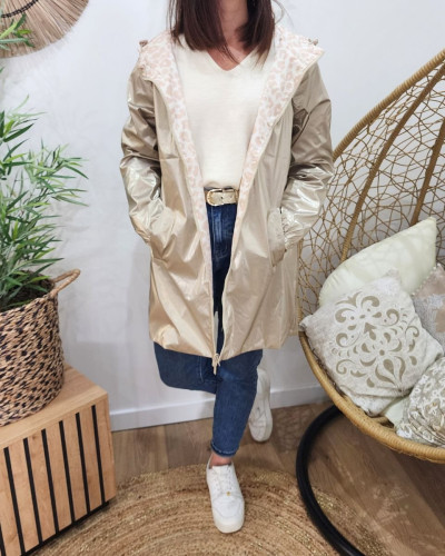 Parka fine femme longue réversible or et beige Léopard