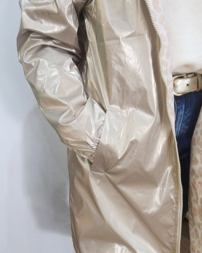 Parka fine femme longue réversible or et beige Léopard