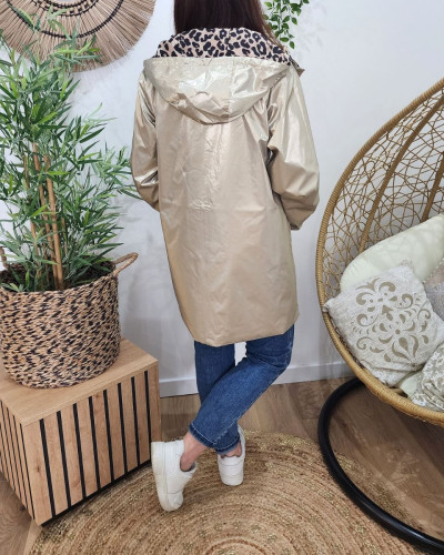 Parka fine femme longue réversible dorée et Léopard noir et beige 