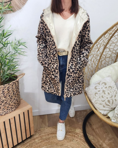 Parka fine femme longue réversible dorée et Léopard noir et beige 