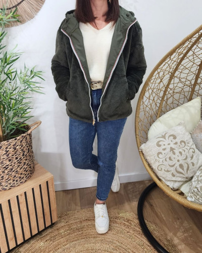 Parka femme kaki réversible fausse fourrure Sora