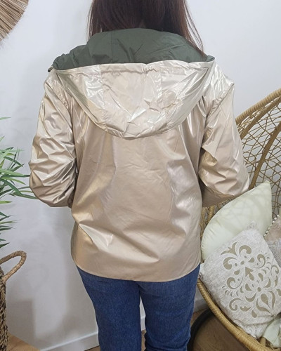 Parka fine femme courte réversible kaki foncé et dorée Tina